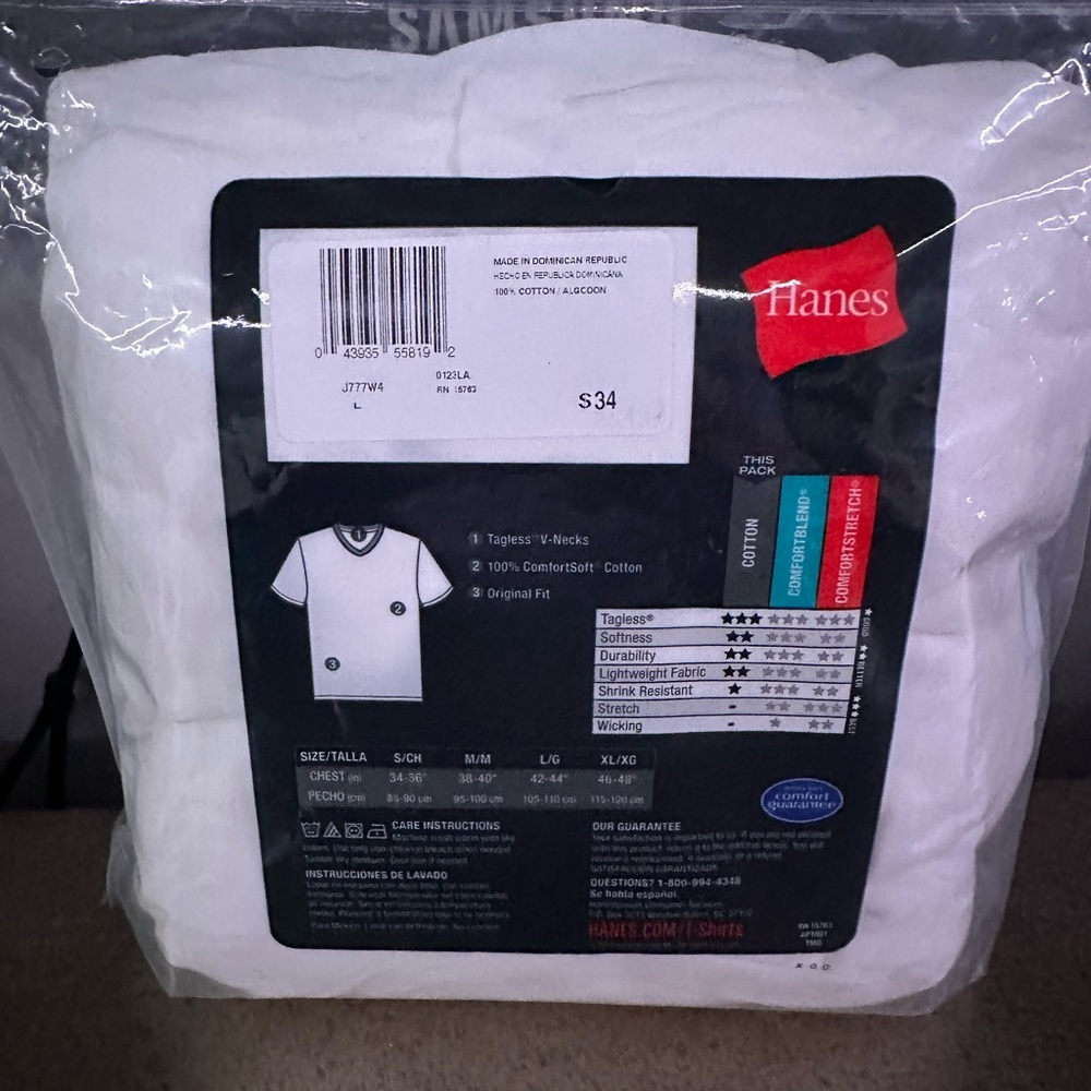 4 TAGLESS V-NECKS. Hanes. 💯 comfortsoft cotton. All day flex fabric. White. L